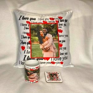 Valentine's Day pillow, mug, and coaster Love bundle
